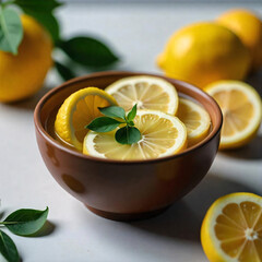 Rustic Lemon slices in a Bowl, surrounded by lemons. cinematic top view Flat lay