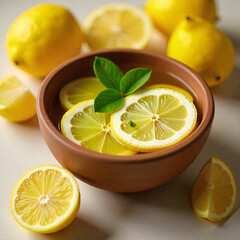 Rustic Lemon slices in a Bowl, surrounded by lemons. cinematic top view Flat lay