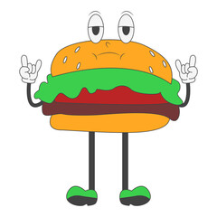 Burger Groovy Character in Cartoon Design. Vector Illustration