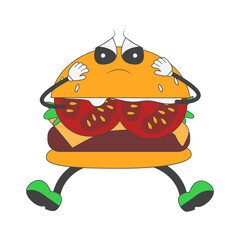 Burger Groovy Character in Cartoon Design. Vector Illustration