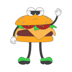 Burger Groovy Character in Cartoon Design. Vector Illustration
