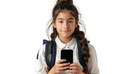 Smiling student girl holding smartphone with transparent background