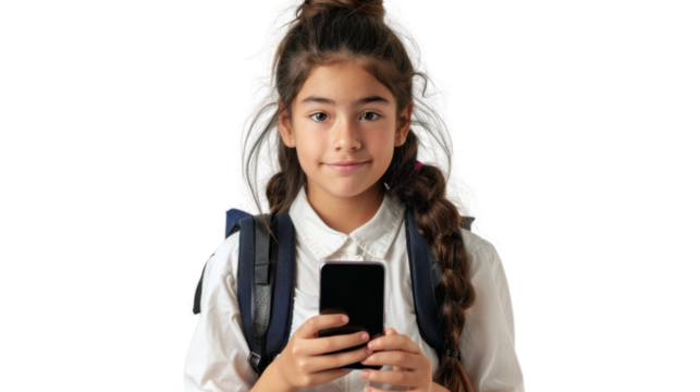 Smiling student girl holding smartphone with transparent background - Powered by Adobe