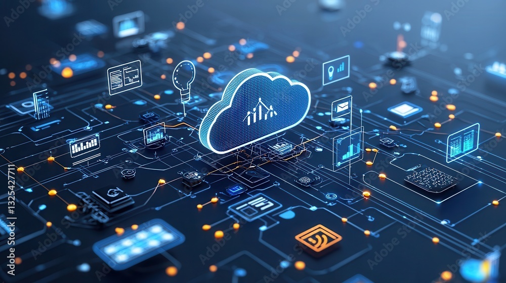 Poster of a complex interconnected cloud based computing system with various digital elements including dev
