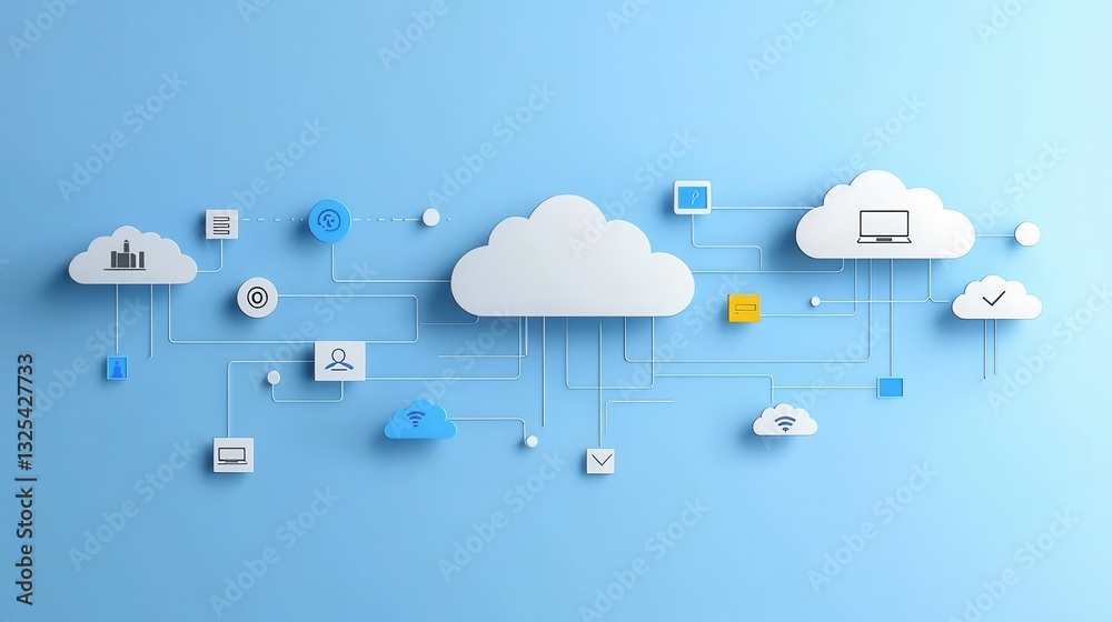 Poster a conceptual depicting a cloud based hosting network featuring various icons representing different 