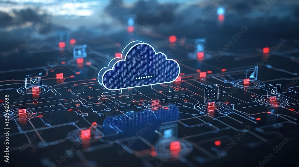 Poster of a complex interconnected network of cloud based hosting services and digital infrastructure