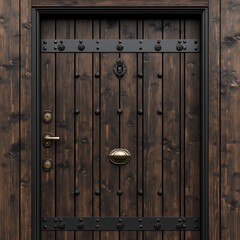 Dark Wooden Door with Metal Accents and Hardware