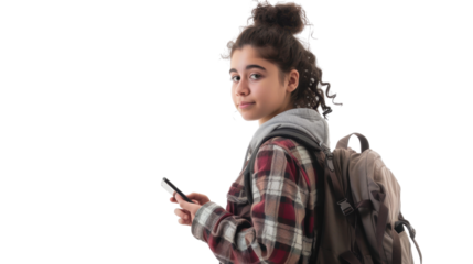 Young student walking with backpack and using smartphone on transparent background