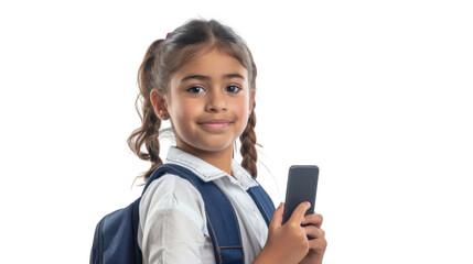 Fototapeta premium Smiling schoolgirl holding smartphone with transparent background