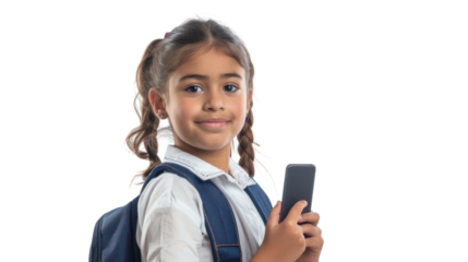Smiling schoolgirl holding smartphone with transparent background