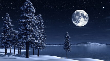 Naklejka premium Snowy forest, full moon, winter night, lake, serenity