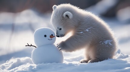 Obraz premium A playful polar bear cub interacts with a snowman in a snowy landscape, capturing a moment of innocence and joy in winter.
