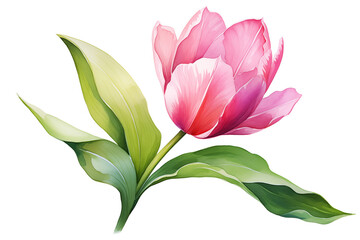 Watercolor pink tulip flower illustration with a single bloom and vibrant green leaves