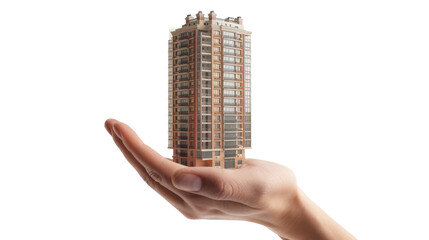 Hand holding a miniature building with transparent background