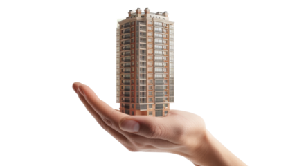 Hand holding a miniature building with transparent background