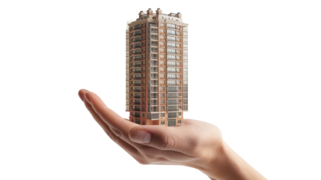 Hand holding a miniature building with transparent background