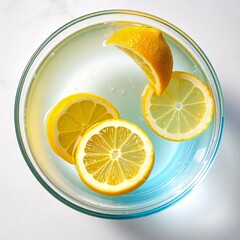 Lemon slices in a glass bowl cinematic top view Flat lay