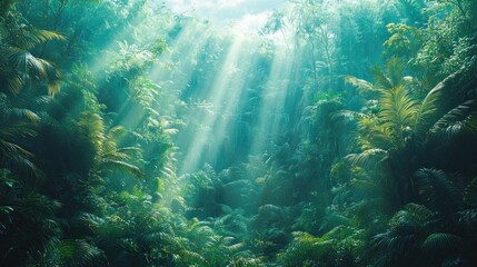 Fototapeta premium Sunbeams illuminating lush, green rainforest.