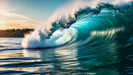 a large wave crashing against the shore of a lake during sunset