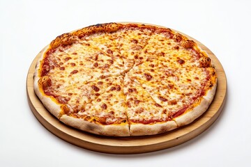 A whole cheese pizza on a wooden platter.  Slices are cut and ready to eat