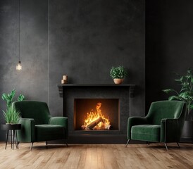 Fototapeta premium Cozy living room with fireplace, green velvet armchairs, and dark wall.