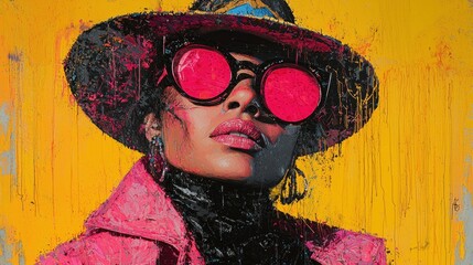 Bold woman in pink coat and hat with pink sunglasses against yellow background.