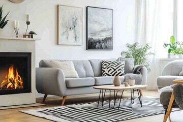 Cozy living room with fireplace, grey sofa, and abstract art. (1)