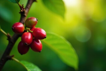 Obraz premium Ripe coffee cherries on exuberant coffee tree, harvest, ripe