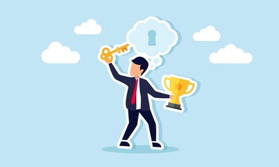A businessman carries a trophy and a key to insert into a keyhole in a cloud of imagination, illustration of business solutions using thoughts on becoming a leading company