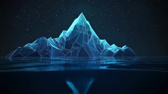 Futuristic iceberg animation pulses with light over calm ocean