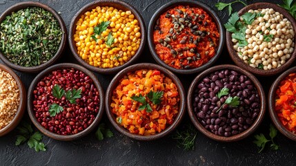 Fototapeta premium Colorful bowls of various legumes and grains.