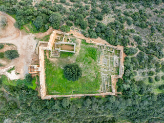 Aerial ground plan view of Paderne castle ruin in Portugal of Islamic origin