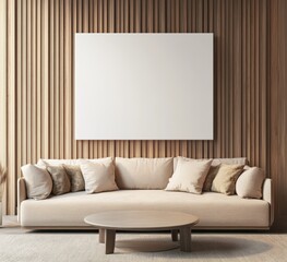Beige sofa, wooden wall, and blank canvas in minimal living room.