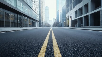 Lonely urban street with modern building facade, empty road perspective in cityscape
