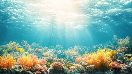 Obraz premium Vibrant coral reef scene with sunbeams penetrating the ocean surface.