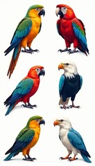 Obraz premium Birds icon set including various species such as parrots, eagles, and sparrows, species, sparrow, vector