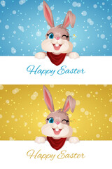 Happy Easter Labels in Blue & Gold Bokeh Background with Cute Cartoon Easter Bunny Winking Graphic. Detailed Festive Illustration