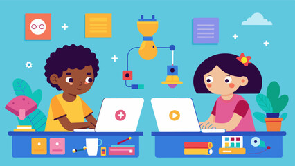 In the maker space children work independently or in pairs to create their own unique projects applying their coding skills in different ways.. Vector illustration