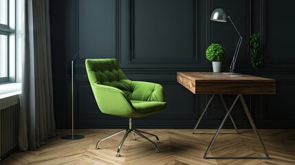 A contemporary workspace with a green ergonomic chair and wooden desk.