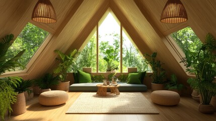 Fototapeta premium A cozy attic space transformed into a green-themed relaxation area.