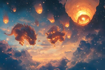 Enchanting Mythical Creatures Adorn the Night Sky in a Mesmerizing Display of Floating Lanterns