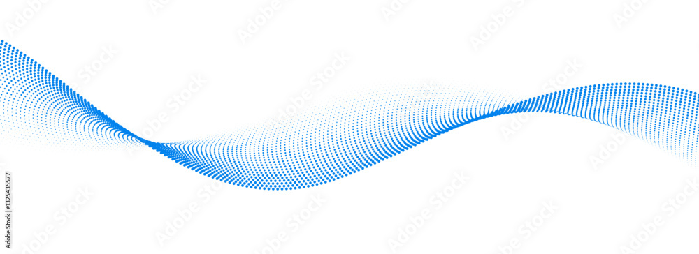 Poster Dotted wave line pattern. Blue halftone undulate net background. Abstract stipple flowing particle wallpaper. Curved dashed gradient element for poser, banner, presentation, booklet, flyer. Vector