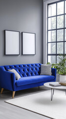 Fototapeta premium bright living room featuring royal blue sofa, modern decor, and natural light. space exudes cozy and inviting atmosphere