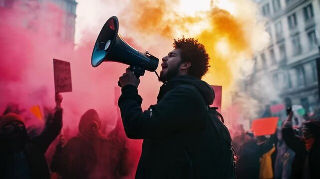 The protester stood at the front of the crowd, holding a megaphone high above his head, passionately calling for change and rallying others to join in the fight for their cause.