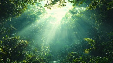 Obraz premium Sunbeams illuminating lush green jungle canopy.