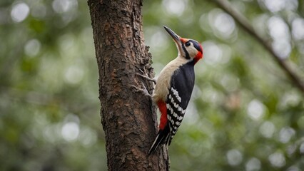 Graceful Woodpecker Perched on Tree, Detailed Plumage and Sharp Beak, Blurred Empty Background, Nature in Focus