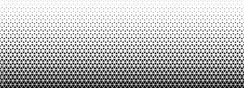 Poster Triangle halftone gradient texture. Black geometric triangular tech pattern background. Abstract fading gradation wallpaper. Vanishing mosaic pop art backdrop for poster, banner, booklet. Vector