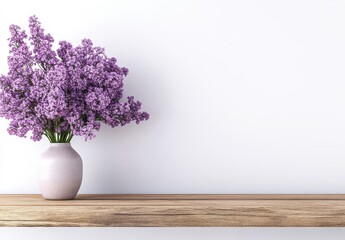 Fototapeta premium Fresh Lavender Flowers in a Simple Vase on a Wooden Table Against a Clean White Background for Home Decor and Interior Design Inspiration