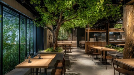 Fototapeta premium A nature-inspired restaurant with green foliage and soft lighting.