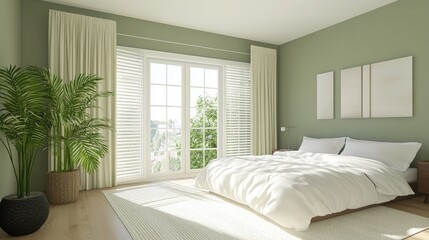 A peaceful bedroom with muted green walls and soft white bedding.